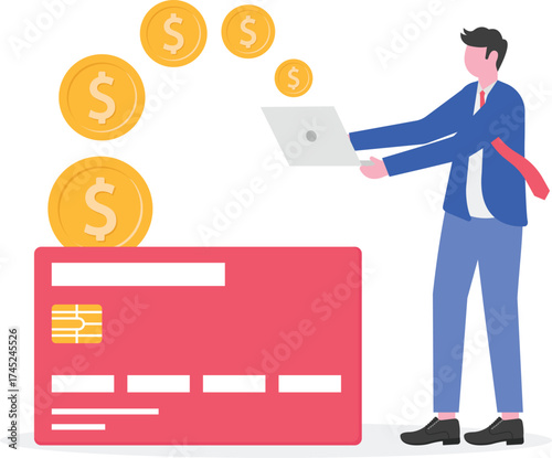 Credit card, money transfer, and vehicle payments concept with tiny people.
