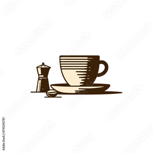 A cozy coffee setup featuring a steaming cup on a saucer with a coffee grinder and bean, evoking warmth