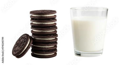 Stack of chocolate sandwich cookies with cream filling and a glass of milk isolated on transparent background