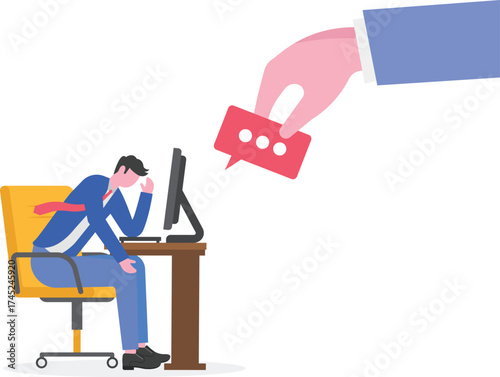 Businessman hand giving feedback speech bubble to manager,
