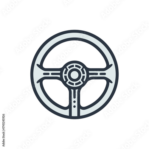 A detailed illustration of a car steering wheel, showcasing its design and features