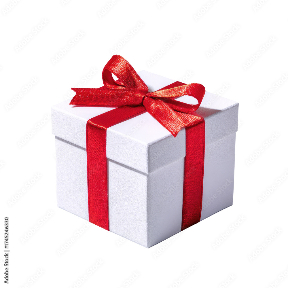 Fototapeta premium A square white gift box tied with a vibrant red ribbon bow against a pure black background