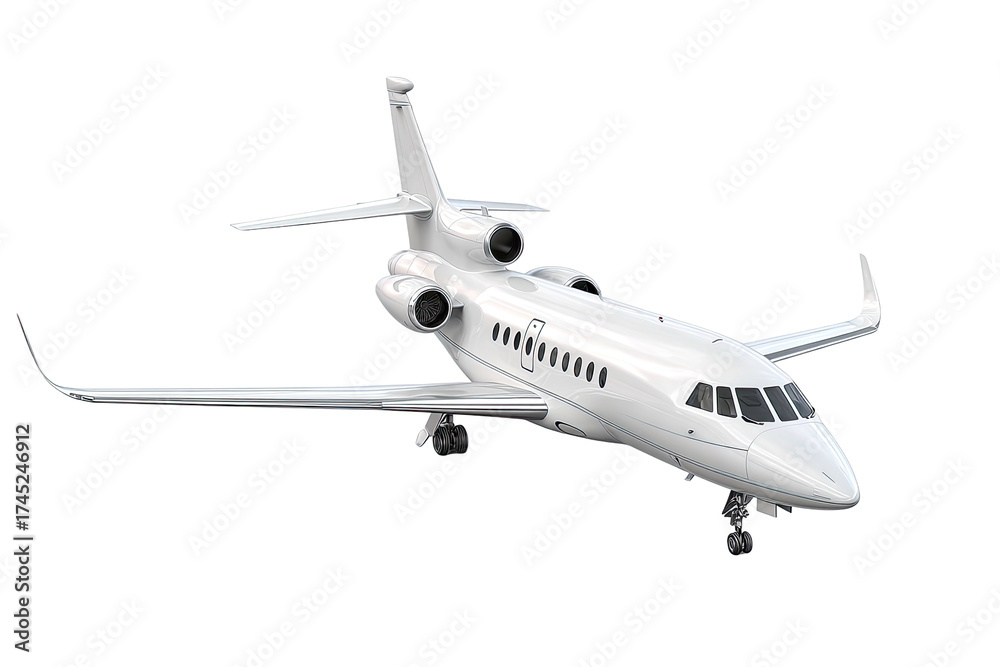 Obraz premium Sleek, white, private jet angled slightly to the right, against a dark background