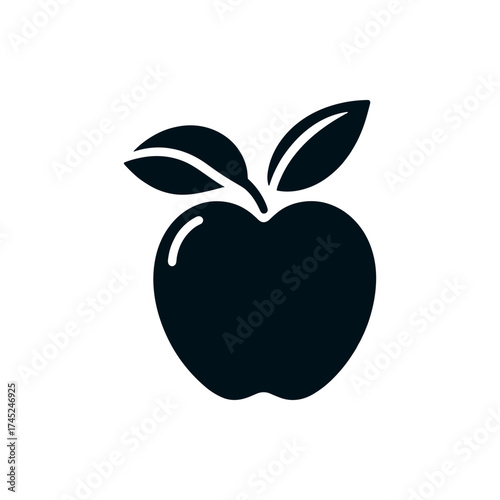 A simple black silhouette of an apple with leaves, symbolizing health and freshness