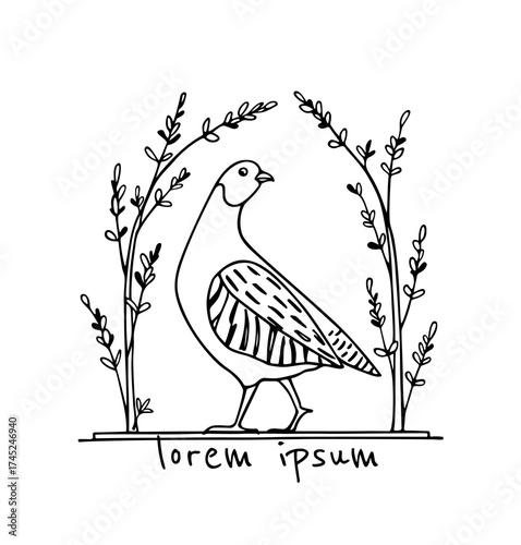 Vector card with hand drawn cute Grey Partridge  in graceful floral arch. Beautiful animal design elements, ink drawing, logo template
