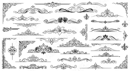 A large collection of elegant vintage ornamental design elements, including decorative flourishes, dividers, borders, and corner accents for graphic design.