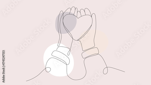 Hands holding love in a continuous line art style