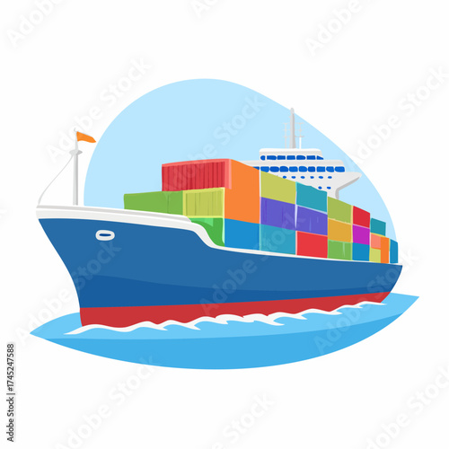 A vector illustration of a container ship representing global import and export trade