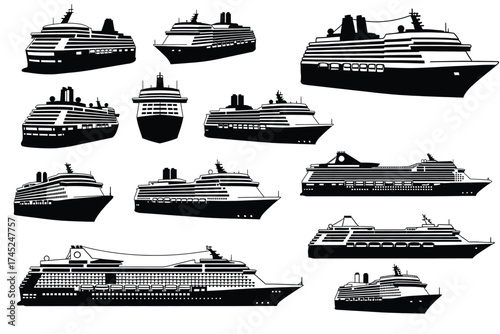 Collection of black cruise ship silhouettes passenger ship