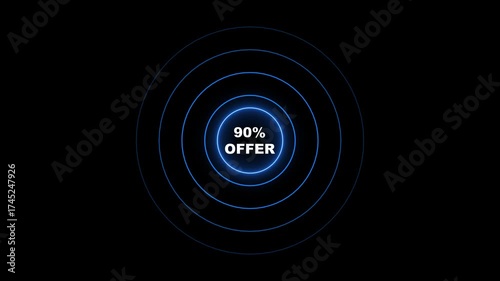 90 Percent Offer Announcement with Concentric Blue Circles on Black Background sale discount