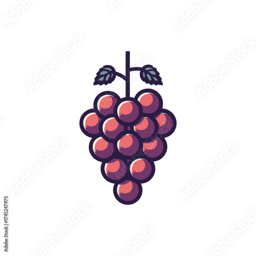 A vibrant bunch of grapes hanging from a vine against a clean white background