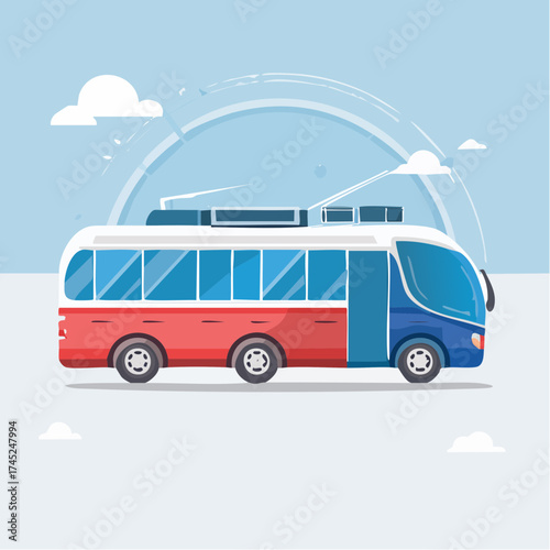 A modern red and blue trolleybus representing urban public transportation in a flat vector illustration