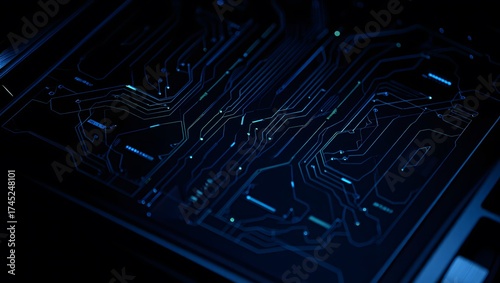 Close up of a glowing blue circuit board with intricate electronic pathways