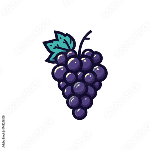 A vibrant cluster of purple grapes with green leaves, set against a clean white background