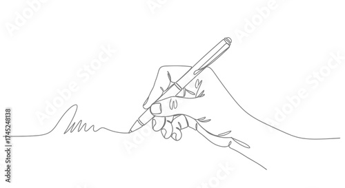 Continuous Line Drawing of Hand Signing a Document with Pen