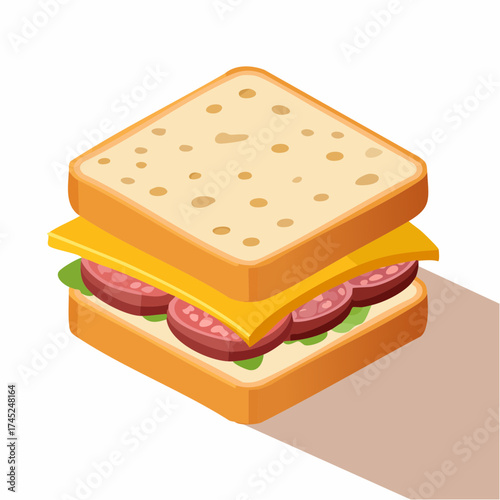 An isometric vector illustration of a classic toasted sandwich with salami, cheese, and fresh greens