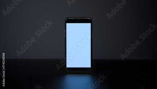 Modern smartphone with bright blank screen in dark room