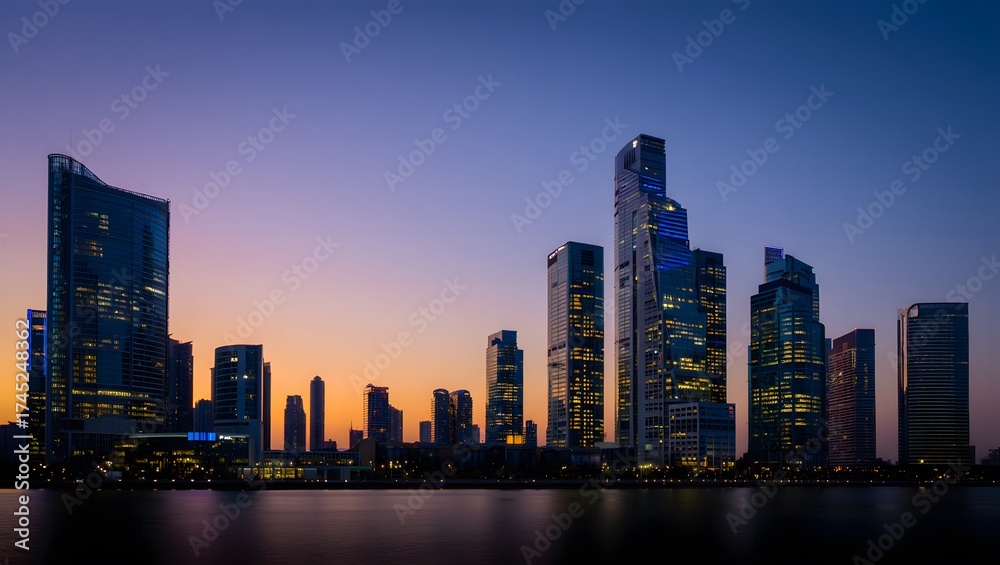 Fototapeta premium Modern city skyline at dusk with colorful sunset and water reflection