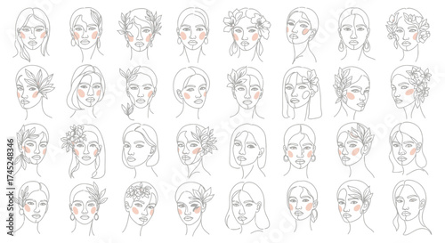 Feminine Faces with Floral Accents A Collection of Elegant Line Art