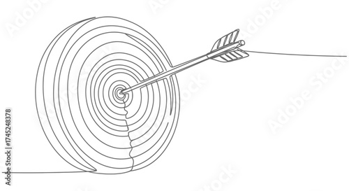 Single continuous line drawing of an arrow hitting the bullseye of a target, symbolizing success and achieving goals