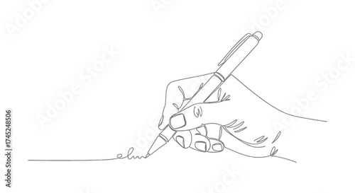 A single continuous line drawing of a hand holding a pen and writing a signature on a white background.