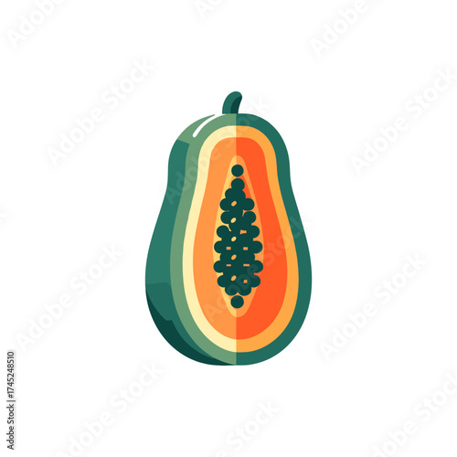 A vibrant papaya fruit cut in half, showcasing its colorful flesh and seeds, isolated on white