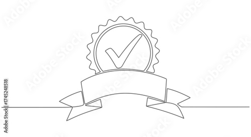 A continuous line drawing of a quality assurance badge with a checkmark and a ribbon.