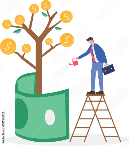 Businessman watering dollar money with coin flower

