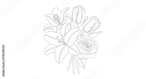Line drawing of a bouquet of flowers, including lilies, tulips, and a rose.
