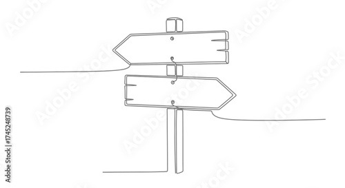 Minimalist line drawing of a signpost with two blank arrow-shaped signs.