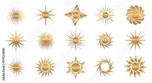 Collection of golden sun and star illustrations on a white background