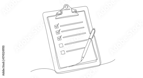 A continuous single line drawing of a clipboard with a checklist and a pen, showing completed and pending tasks.