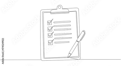 A hand-drawn sketch of a clipboard with a checklist and a pen, indicating tasks completed.