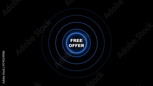 Glowing Blue Neon Circles With Free Offer Text On Black Background abstract announcement