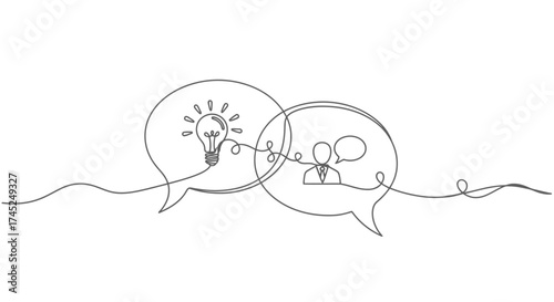 Continuous one line drawing of speech bubbles representing idea sharing, communication, and dialogue.