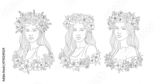 Three elegant line art portraits of women adorned with floral crowns and cascading blossoms, presented in a minimalist style.