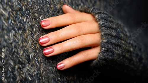 Cozy autumn vibes: close-up of hand in knitted sweater with elegant manicure