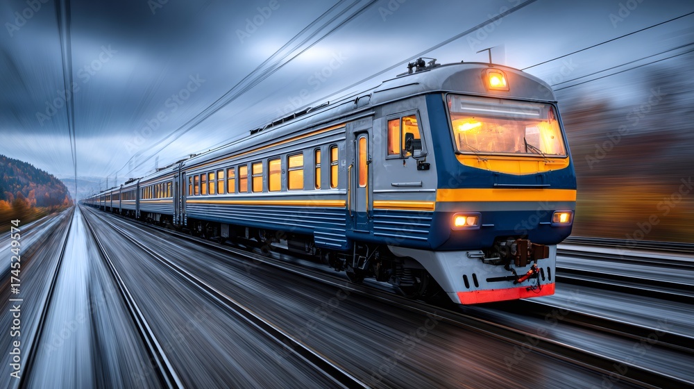 Naklejka premium Passenger train traveling fast on railway tracks