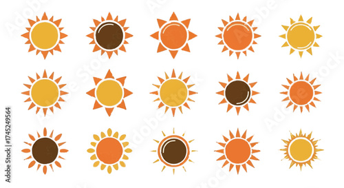 Collection of colorful sun icons in various shades of orange and yellow on a white background