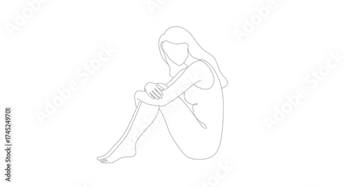 Minimalist one-line drawing of a faceless woman sitting and hugging her knees on a white background.