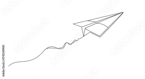 A minimalist line drawing of a paper airplane soaring through the air with a wavy tail trailing behind it.