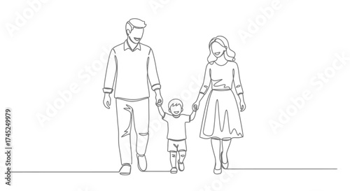 Line drawing of a family of three, parents holding hands with their child, walking together.