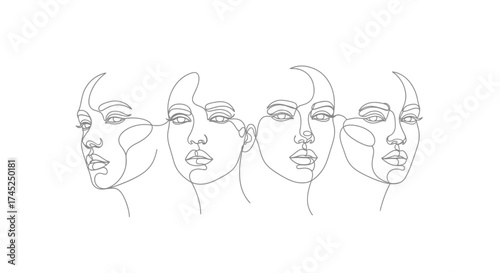 Linear illustration of four faces in profile, each with a unique continuous line design.