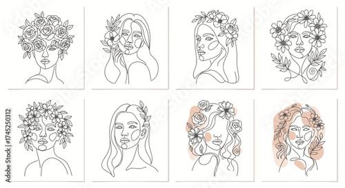 Describe the image in 6-180 characters, avoiding keyword lists. The image shows multiple line art illustrations of women with flowers.