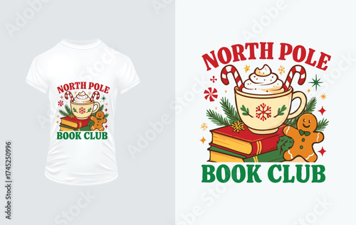 North Pole Book Club Christmas Hot Chocolate and Gingerbread Man Design Keywords: christmas