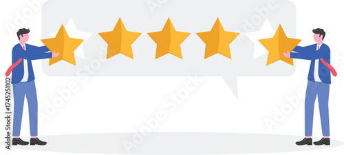 Customer reviews concept. People characters giving five star feedback.

