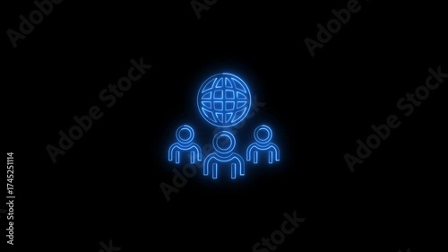 Blue Neon Icon Of Three People Figures And Globe On Black Background group world