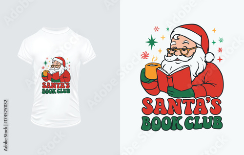 Santa's Book Club Christmas Design with Santa Reading a Book Keywords: santa, santa claus, book