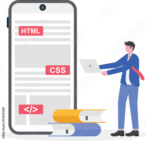 Web development courses, mobile app development and IT management classes concept with tiny people. 
