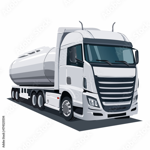 Illustration of a modern white fuel tanker truck on a white background